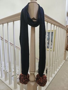 Long Navy Blue Knit Scarf with Orange Pom-Poms
